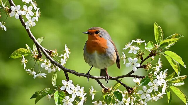 Vibrant european robin perched on flowering branch against green background