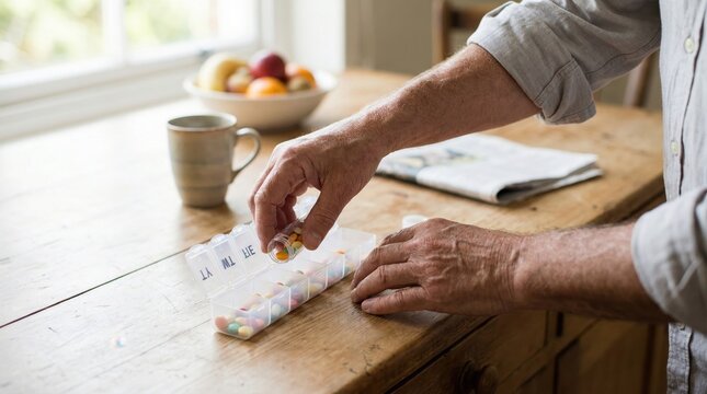 Close up of an elderly persons hands sorting colorful medication pills into a transparent daily pill organizer box on a wooden table