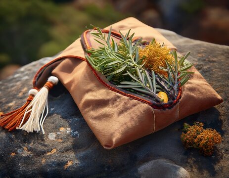 traditional native american medicine pouch filled with herbs and placed on a stone surface