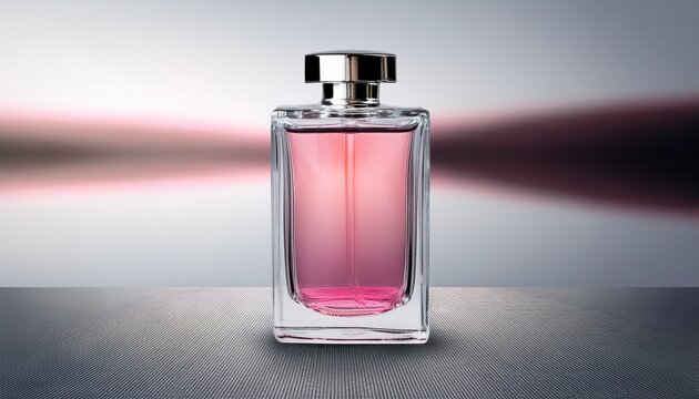 elegant glass perfume bottle with pink liquid and silver cap
