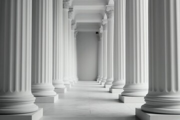 Obraz premium Elegant white interior hallway with Doric columns receding into soft focus. Clean, minimalist architectural space with marble floor. Perfect background for design or architectural themes.