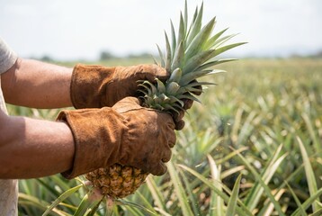 Obraz premium Farmer hands wearing thick protective leather gloves harvesting and twisting a fresh ripe pineapple from the plant in a tropical agricultural field