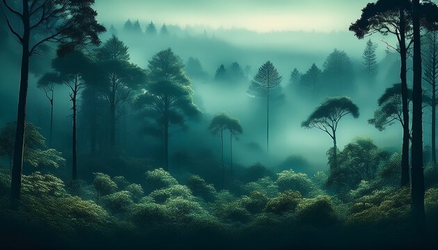 forest background with fog around trees dark green panorama walpaper background