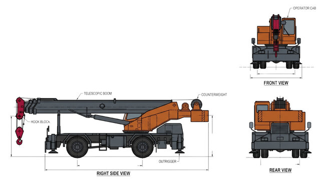 Mobile Crane CAD Vector Blueprint, Multi View Telescopic Boom Technical Line Art