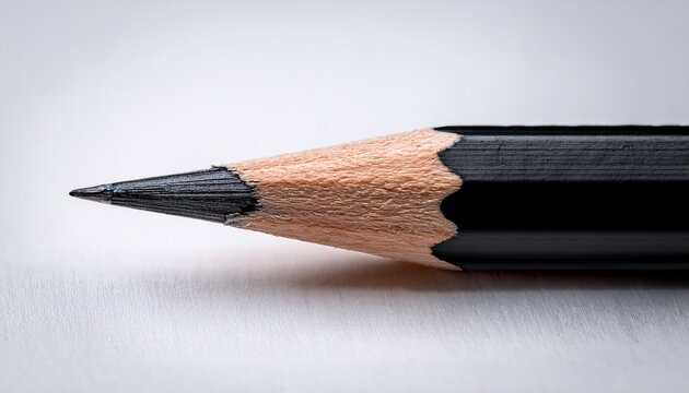 close up macro shot of a sharpened black pencil on a white background the pencil tip is in focus while the rest of the pencil is slightly out of focus