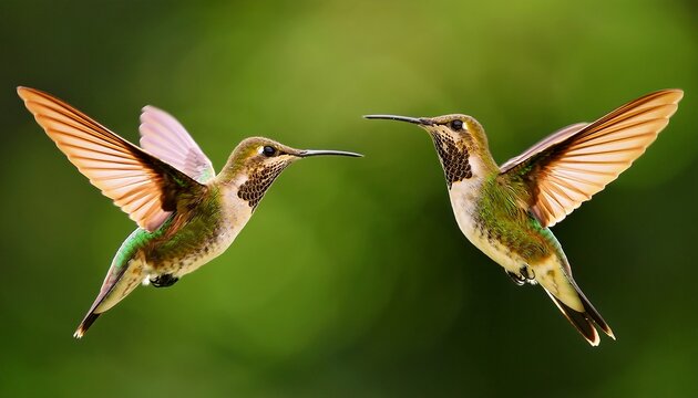 two hummingbirds flying in the air motion capture of two birds green background