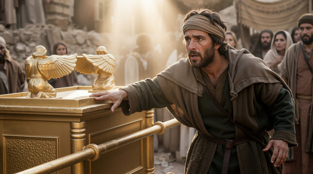 Uzzah reaching out to steady the Ark of the Covenant. Biblical scene of a man touching the sacred golden chest in a desert setting