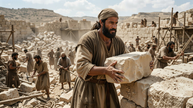 Zerubbabel rebuilding temple foundation. Ancient workers constructing stone walls in Jerusalem. Biblical historical scene