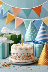 Obraz premium Colorful birthday party scene with decorated cake, presents, hats and confetti