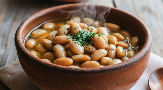 Hearty bowl of steaming fasolada served in rustic clay pot. White beans simmer in broth, garnished with herbs. Warm savory meal ready to eat.