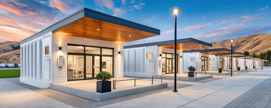 Modular white energy storage facility with battery containers and illuminated walkways at dusk