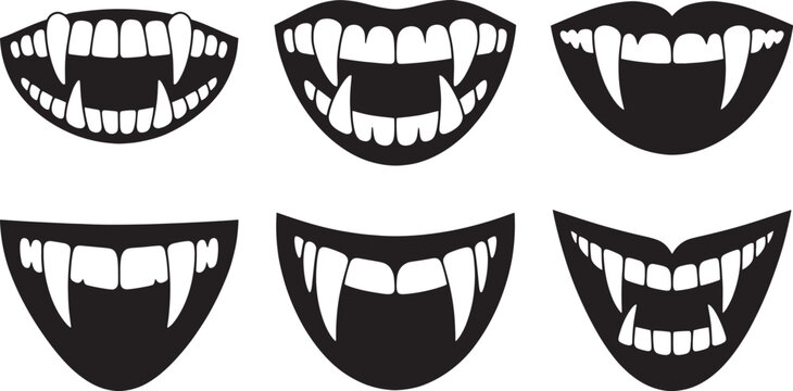 Vampire mouth icons set with sharp fangs horror monster smile silhouettes black and white graphics.