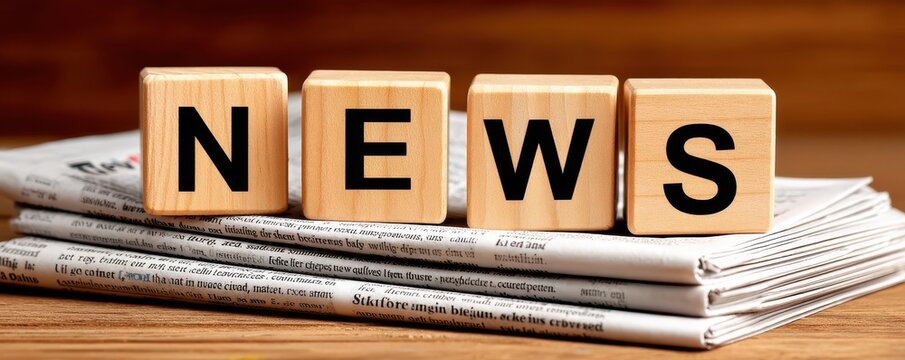 Wooden blocks spelling news on stacked newspapers conveying headlines, journalism and media concept