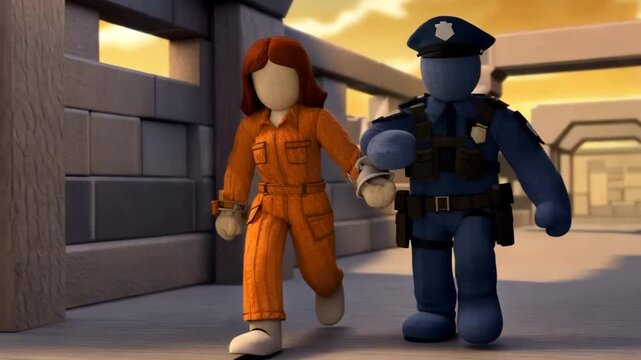 Handcrafted felt police officer escorting an inmate in an orange jumpsuit through a stone prison block. Stop motion concept for law enforcement, crime, and the justice system.
