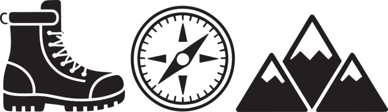 Outdoor adventure icons boot compass mountains for hiking travel and exploration concept vector.