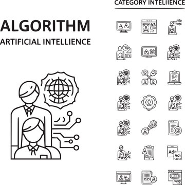 Flat design illustration of AI algorithm intelligence with robot analyzing global data and tech icons