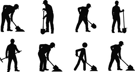 Set of construction worker silhouettes wearing hard hats and using shovels and pickaxes for manual labor and site work © IconicCreations