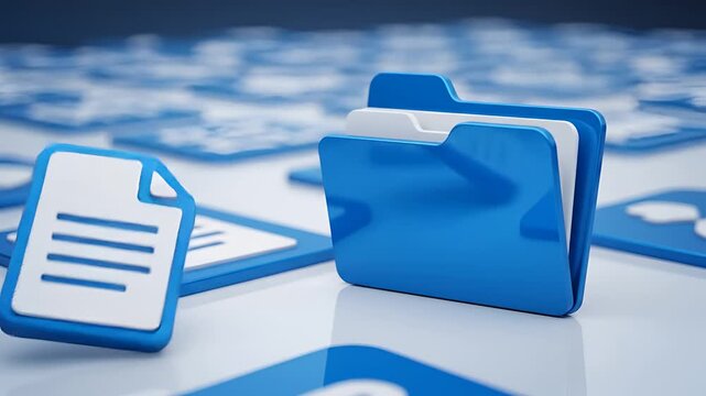 Digital document and folder icons on a keyboard background.