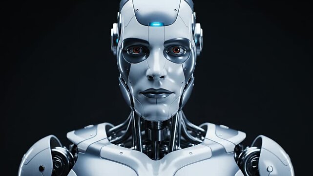 Modern robot portrait metallic head and torso on dark background