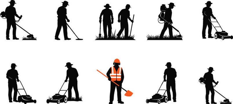 Set of gardener and landscaper silhouettes featuring workers using lawn mowers grass trimmers and shovels for professional garden maintenance