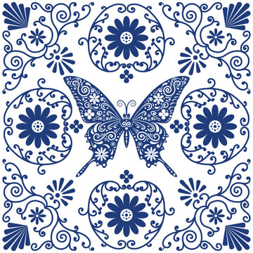 Traditional and contemporary decorative tiles featuring a folk-inspired style and an ornate floral design. This tile design will add a touch of authenticity and charm to your design projects.