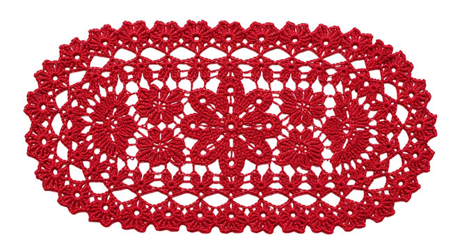Oval red crochet doily with intricate floral lace pattern and openwork detailing for table decoration and craft projects isolated on a transparent background
