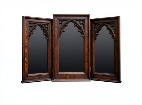 Dark wood triptych frame with gothic arched openings stands on white background. This triple mirror or photo frame has classic vintage design, suitable for interior decor or art display.
