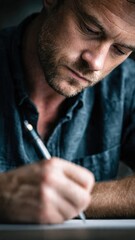 Obraz premium Man Writing with Pen in Thoughtful Focus