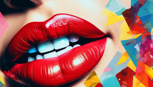 Vibrant close-up of glossy red lips showcasing perfect teeth against a colorful abstract background
