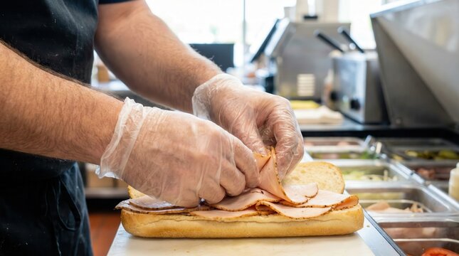 Deli worker hands wearing clear plastic gloves placing folded slices of cold cut meat onto a long bread roll to make a submarine sandwich