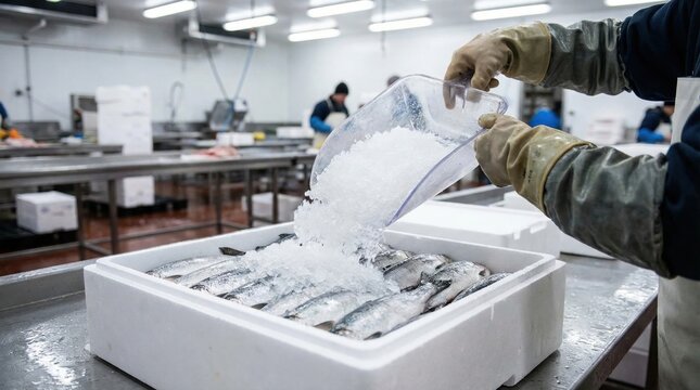 Fish processing plant worker hands wearing thick rubber gloves using a clear plastic scoop to pour crushed ice over fresh raw salmon in a styrofoam box