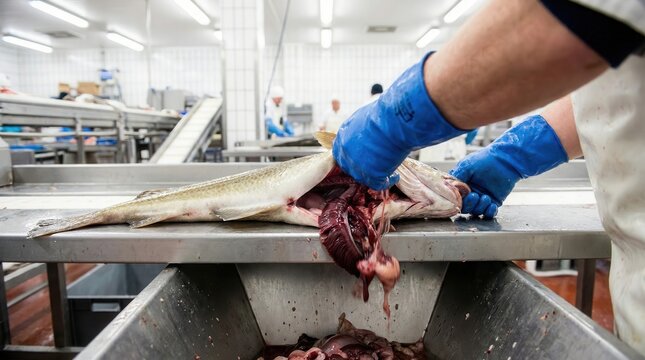 Fish processing worker hands wearing thick blue rubber gloves gutting and cleaning a large fresh raw cod fish on a stainless steel factory line