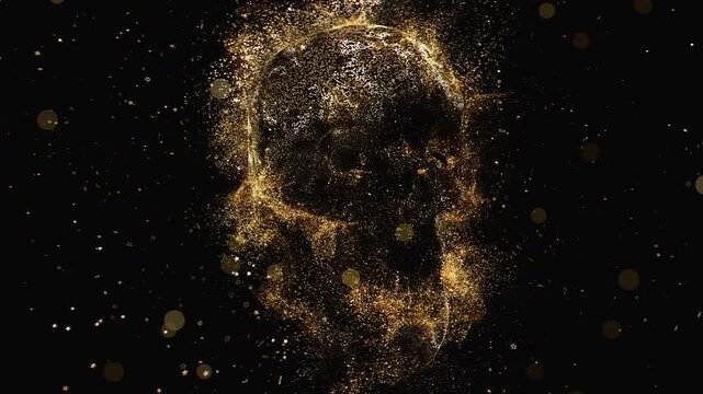 A hauntingly beautiful seamless loop of a human skull formed by shimmering celestial dust and floating stars against a deep space void