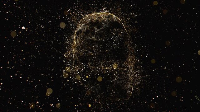 A hauntingly beautiful seamless loop of a human skull formed by shimmering celestial dust and floating stars against a deep space void