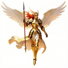 Naklejka premium Golden armored female angel with large white wings holds spear. She descends from sky with red hair flowing. Heroine stands ready for battle.