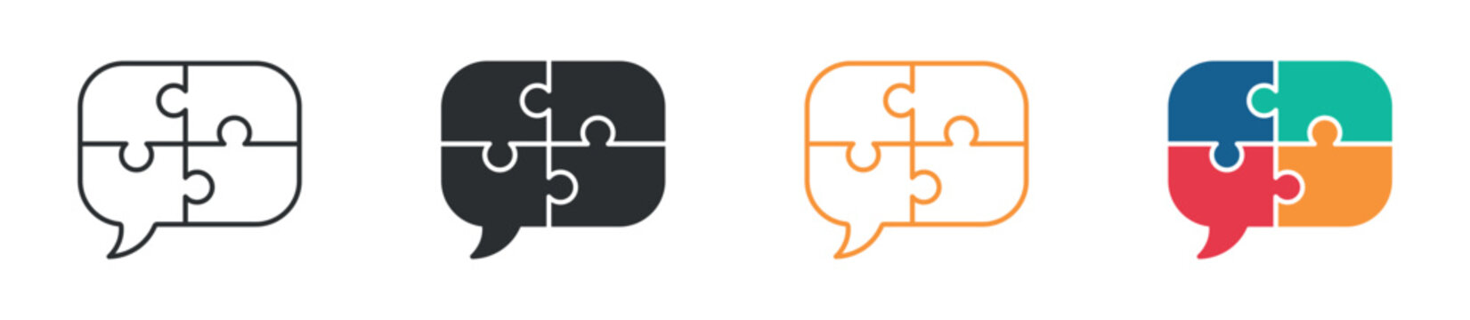 Puzzle speech bubble icon set. communication and problem solving concept. teamwork discussion symbol. vector illustration.