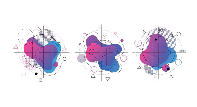 Colorful abstract shapes, gradient blobs, geometric icons, infographic elements