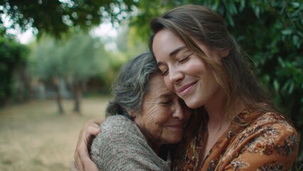 Fototapeta premium Young Woman Hugging Elderly Mother in Garden