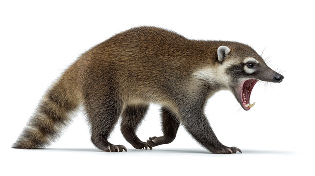 Dramatic coati roaring with fierce expression isolated on white background wildlife portrait with copy space