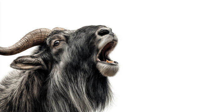 Dramatic takin roaring with fierce expression isolated on white background wildlife portrait with copy space