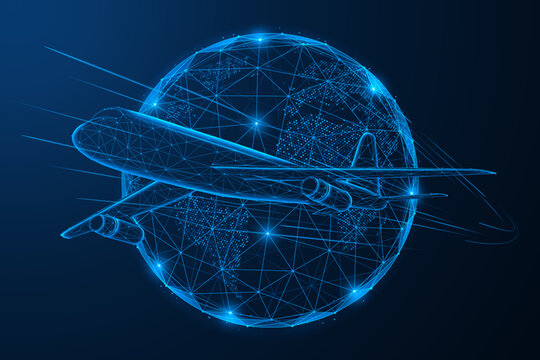 Global flight network. A plane flying around the planet. The concept of aviation of the future, global transportation, digital transformation, technology and international mobility.