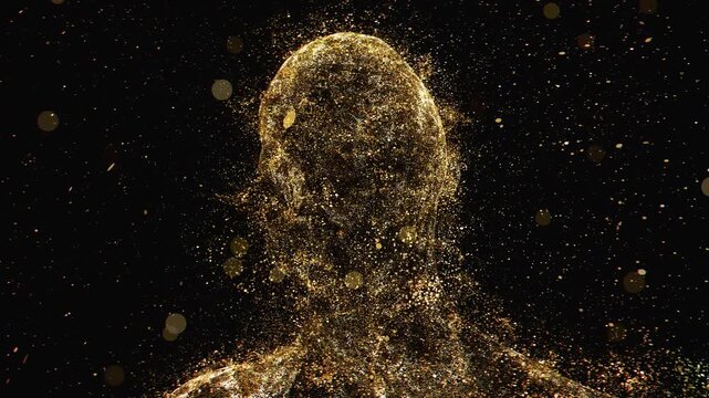 A cinematic loop of a human head silhouette formed by millions of flowing, glowing golden particles traveling through a deep dark cosmic void with trailing lights