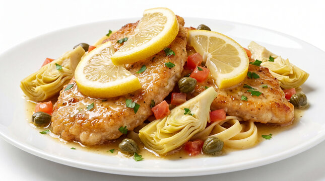 Delicious chicken piccata with lemon slices, artichoke hearts, capers, and fresh herbs on a plate, served with pasta