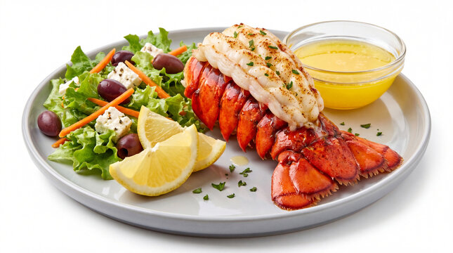 A delicious lobster tail with salad and melted butter on a white plate isolated on white background