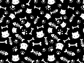 Fototapeta premium Seamless cute cat pattern with fish bones, paws and cartoon kitten faces on black background. Playful minimal pet design in monochrome style, suitable for textiles, fabric, wrapping paper.