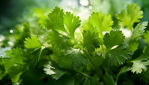 fresh green coriander leaves captured up close highlighting their texture and freshness the leaves are vibrant creating a refreshing aesthetic