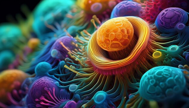 a close up view of microscopic organisms with vibrant colors and intricate structures