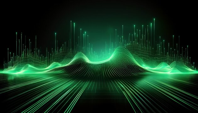 a digital landscape with glowing green lines and a black background representing advanced technology and data processing