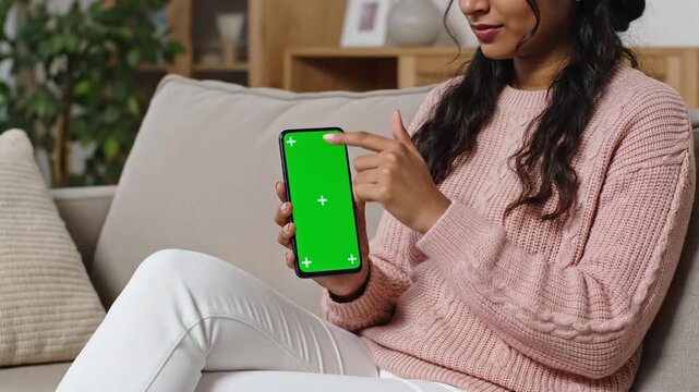 Woman sitting on couch using a smartphone with green screen.