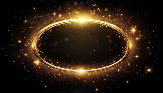 glowing golden oval frame with sparkling particles on black background